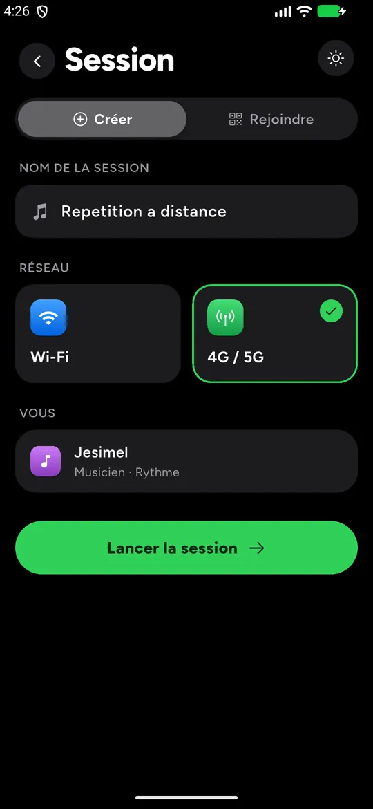 Création d’une session : réseau 4G / 5G sélectionné