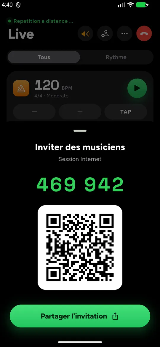 Invitation à une session Internet : code et QR code