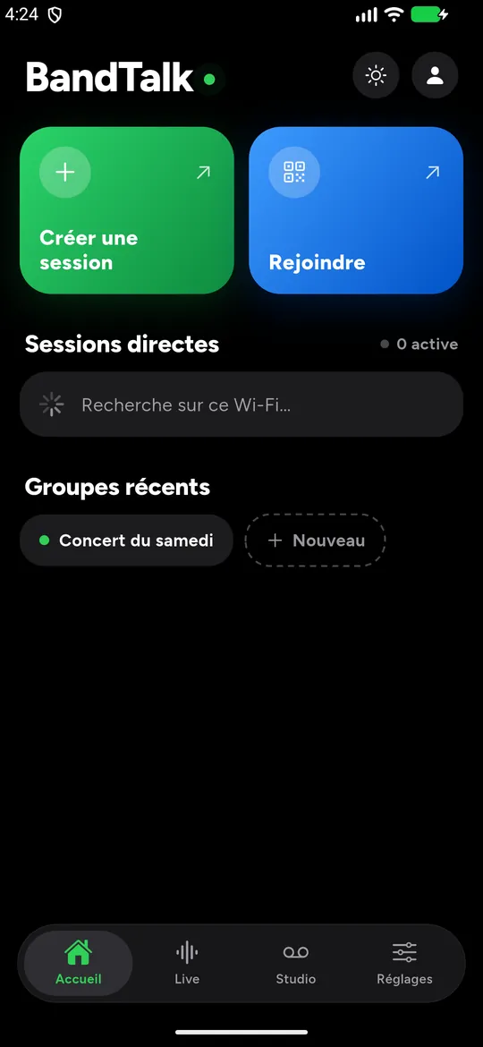 Accueil de BandTalk : boutons Créer une session et Rejoindre