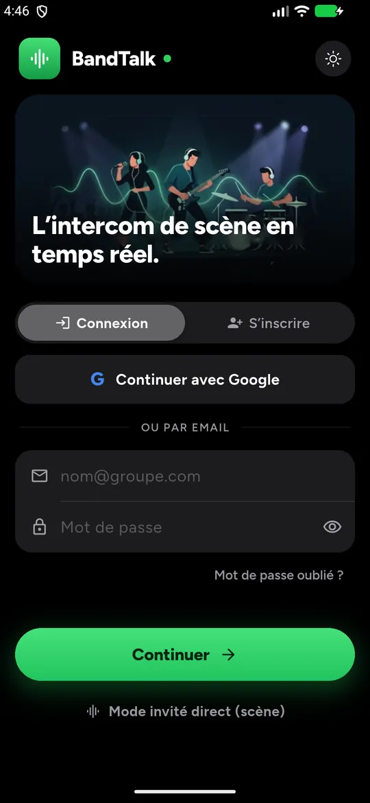 Écran de connexion : bouton Continuer avec Google, e-mail et mot de passe