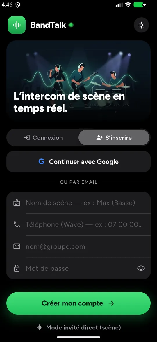 Formulaire d’inscription : nom de scène, téléphone Wave, e-mail et mot de passe