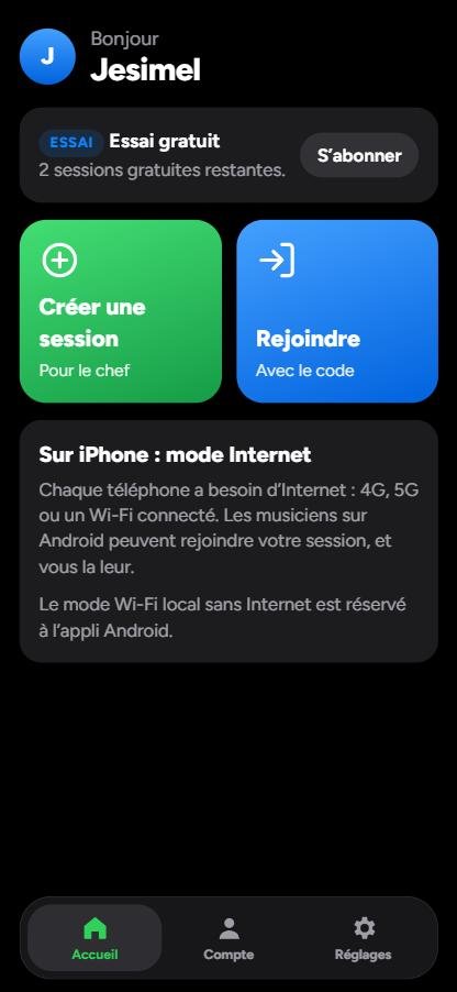 BandTalk sur iPhone : accueil avec Créer une session et Rejoindre