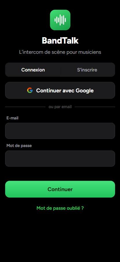 BandTalk sur iPhone : écran de connexion avec Google ou par e-mail