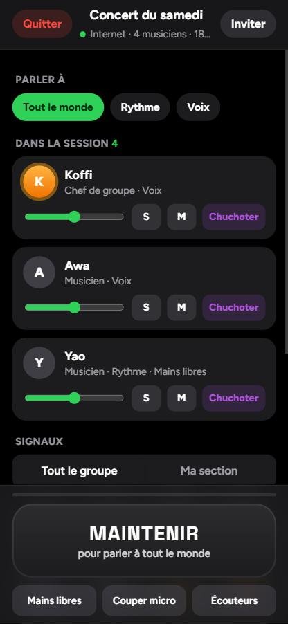 BandTalk sur iPhone : écran Live avec les musiciens et le bouton Maintenir pour parler