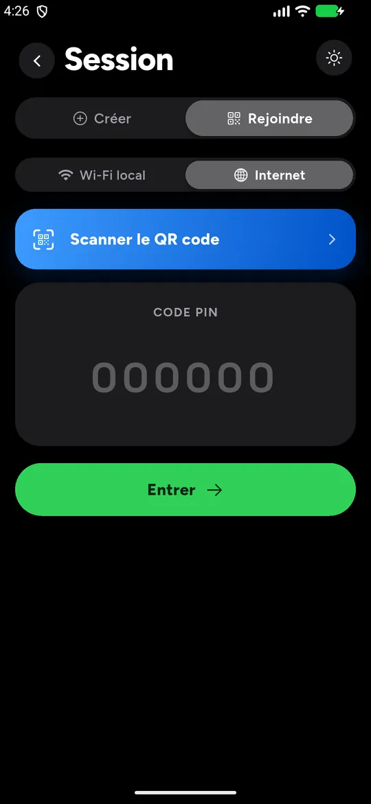Écran Rejoindre en mode Internet : scanner le QR code ou taper le code