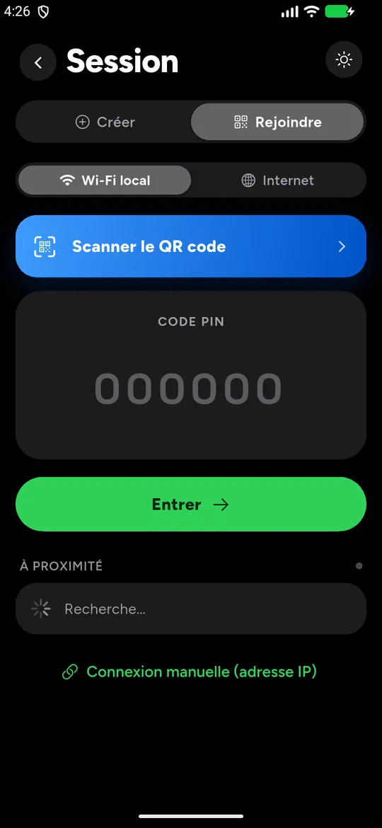 Écran Rejoindre en Wi-Fi local : scanner le QR code ou taper le code PIN