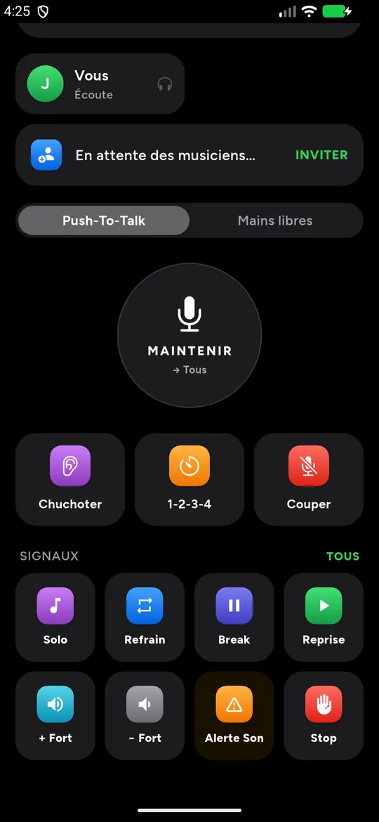Signaux de scène : Solo, Refrain, Break, Reprise, plus fort, moins fort, Alerte son, Stop