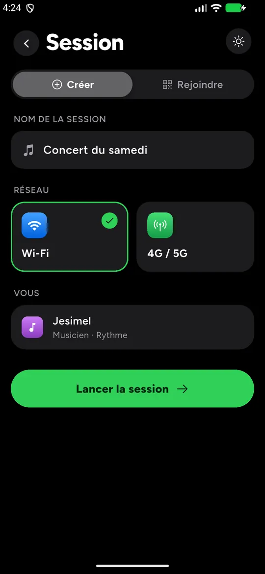 Création d’une session : nom Concert du samedi, réseau Wi-Fi sélectionné