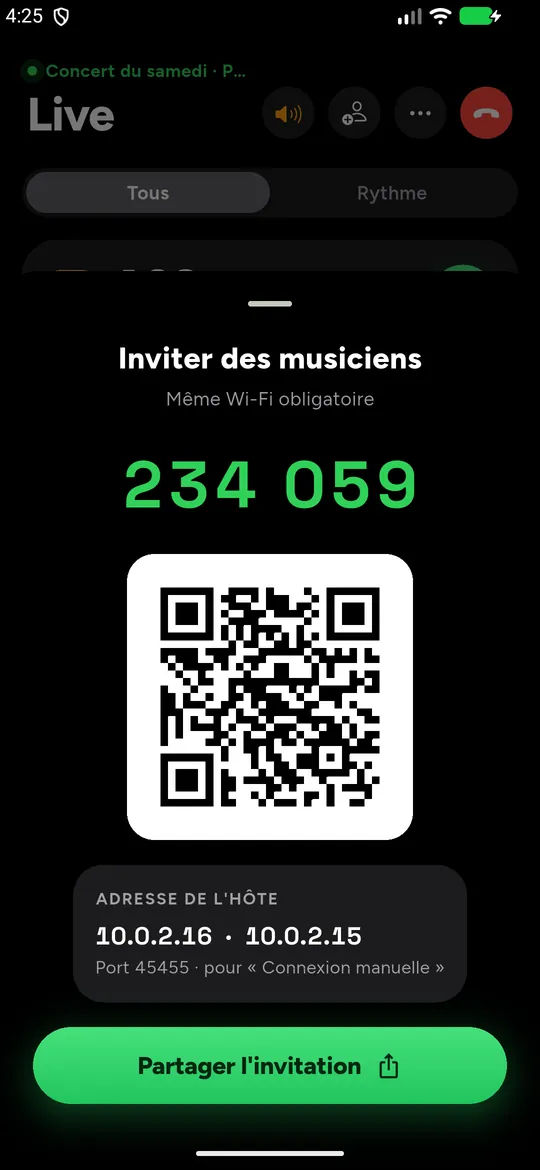 Invitation à une session : code PIN et QR code