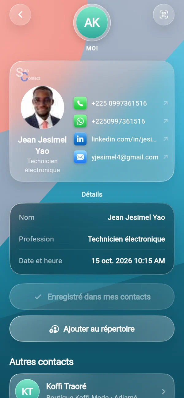 Écran Contact reçu : photo, nom, profession et liens vers les réseaux